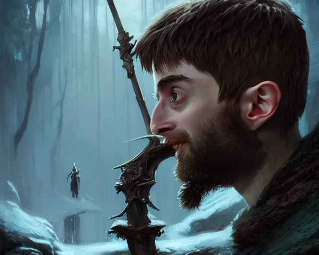 Image similar to highly detailed portrait of daniel radcliffe as a fantasy bald elf holding a magic staff, in skyrim, stephen bliss, unreal engine, fantasy art by greg rutkowski, loish, rhads, ferdinand knab, makoto shinkai and lois van baarle, ilya kuvshinov, rossdraws, tom bagshaw, global illumination, radiant light, detailed and intricate environment