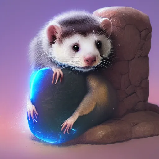 Prompt: A ferret is cuddling the time stone, hyperdetailed, artstation, cgsociety, 8k