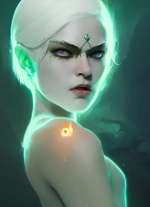 Image similar to a beautiful white - haired girl with green eyes dressed as a superhero, pyromancer, glowing orbs, intricate, elegant, highly detailed, digital painting, artstation, concept art, smooth, sharp focus, illustration, ethereal, misty, by ilya kuvshinov and jeremy mann, 8 k, octane render