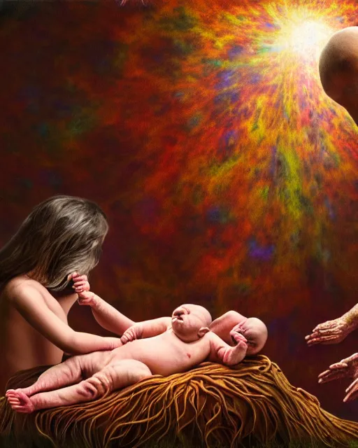 Prompt: realistic scene of a creation of first human baby, psychedelic, dark art, facing camera, photo realistic, detailed, 1 4 5 0, delicate, hyper realism, ultra realistic, 8 k