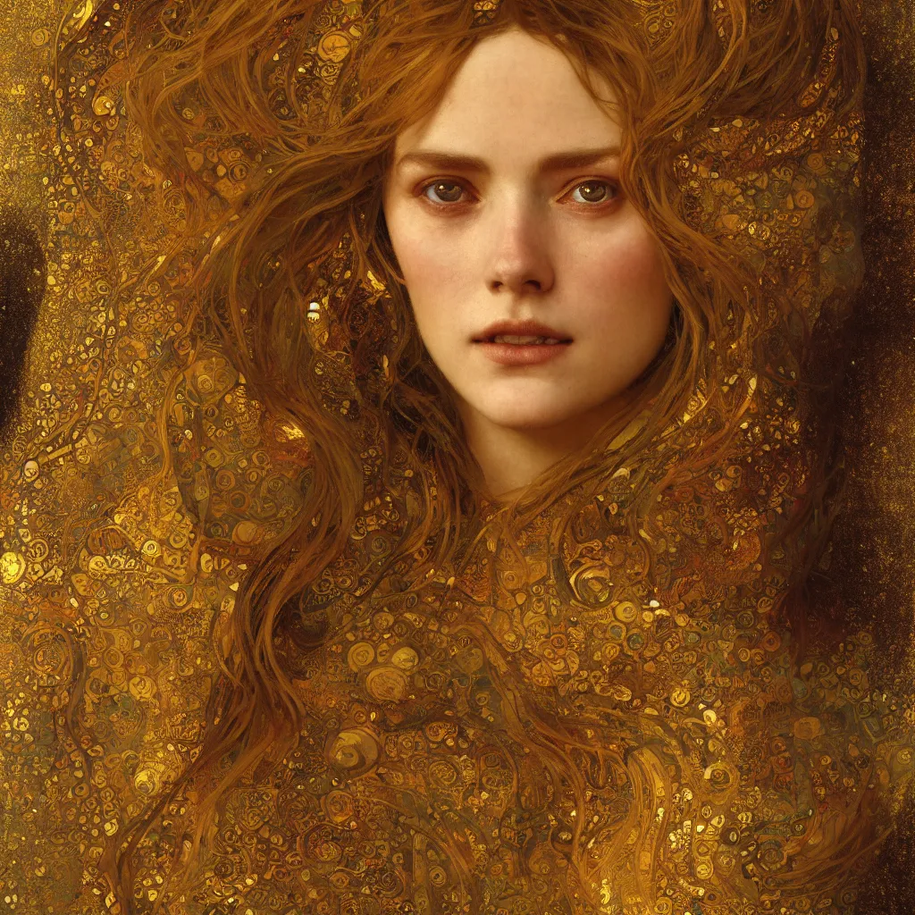 Image similar to seamless intricate klimt golden motives and textures pattern, beautiful young lady face portrait, hyper detailed, octane render, vivid colors, artstation, by jeremy mann, by alphonse mucha, by klimt