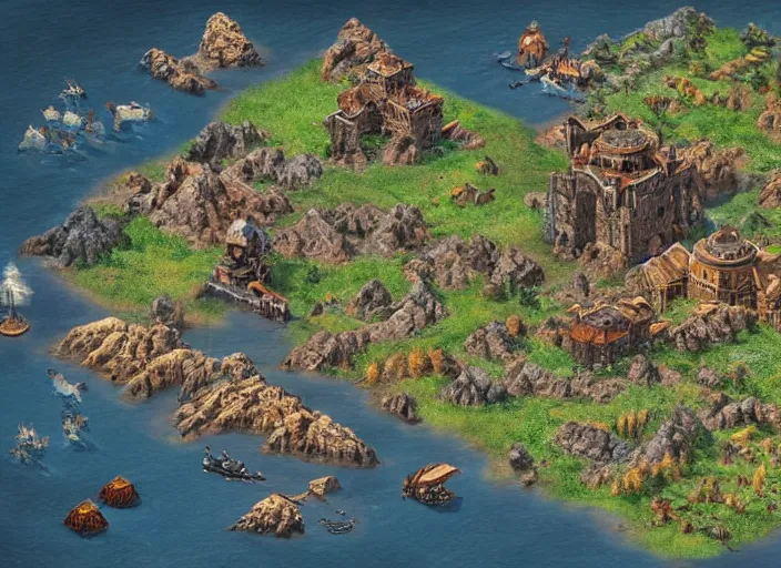 Image similar to isometric map of age of empires video game, procedural, top down, AOE2 , civilization, river, forest, cave, mountain, futuristic , woods, hills, buildings, snow, , digital art,realistic,detailed,art by greg rutkowski