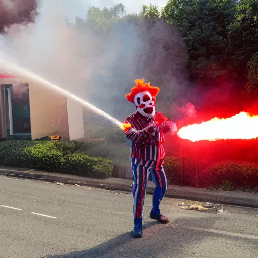 Image similar to photo of a clown using a flamethrower projecting a long bright flame towards a dumpster fire