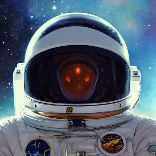 Image similar to a close up painting of an astronaut floating in space. his helmet visor is dark and reflective. you can see the reflection of flowers in his helmet visor. by artgerm and greg rutkowski and alphonse mucha