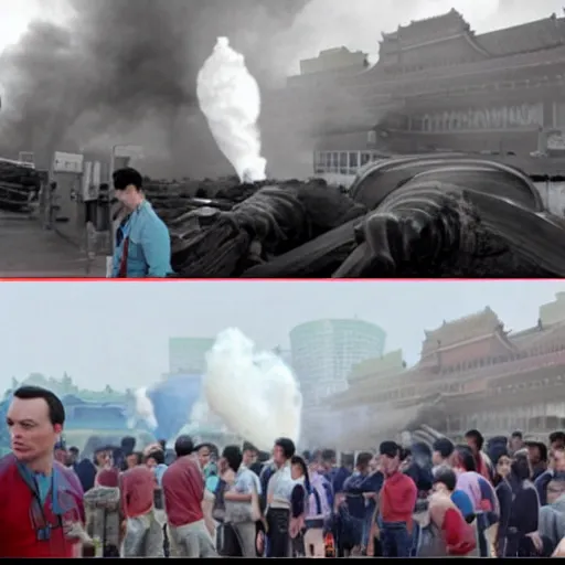 Image similar to sheldon cooper meme gas leak explosion in beijing