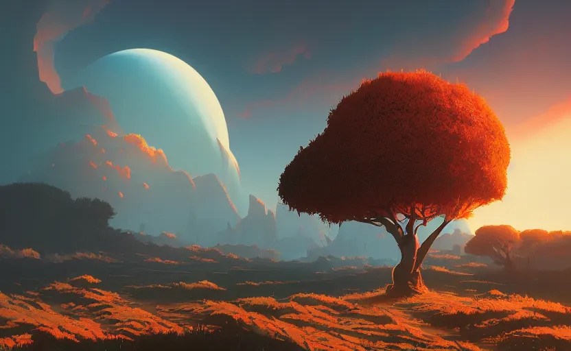 Prompt: “A landscape with a giant burning bush, Low level, rendered by Beeple, Makoto Shinkai, syd meade, simon stålenhag, environment concept, synthwave style, digital art, unreal engine, WLOP, trending on ArtStation, 4K UHD, image, octane render”