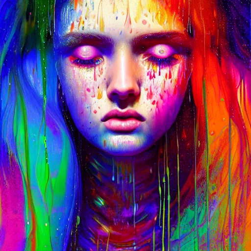 Image similar to portrait of girl in colored psychedelic rain with wet hair and face, fantasy, intricate, elegant, dramatic lighting, elated emotion, highly detailed, lifelike, photorealistic, digital painting, artstation, concept art, smooth, sharp focus, illustration, art by John Collier and Albert Aublet and Krenz Cushart and Artem Demura and Alphonse Mucha