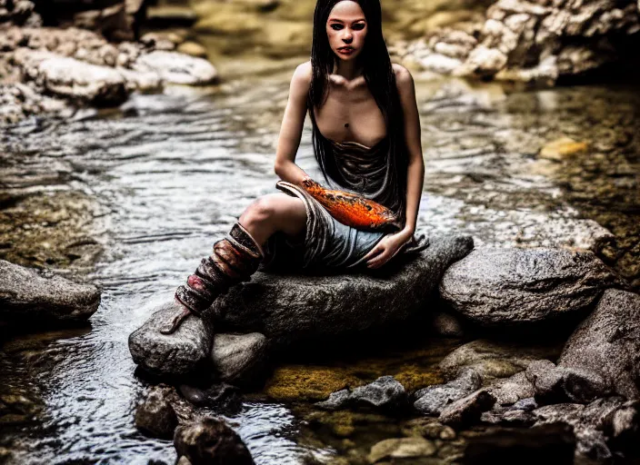 Prompt: portrait fully clothed half woman half fish sitting on a rock in a river in an underground cave. fantasy magic style. highly detailed 8 k. intricate. lifelike. soft light. sony a 7 r iv 5 5 mm. cinematic post - processing