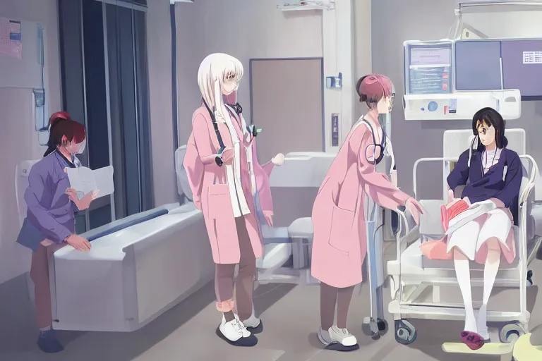 Image similar to a cute and beautiful young female doctor wearing white coat are talking with a nurse wearing pink coat in a hospital ward, highly detailed, digital painting, slice of life anime, illustration, anime scenery by Makoto shinkai