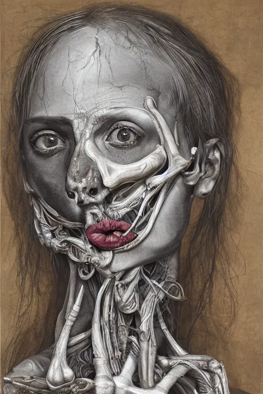 Image similar to Detailed maximalist portrait of a greek god with large lips and eyes, scared expression, botanical anatomy, skeletal with extra flesh, HD mixed media, 3D collage, highly detailed and intricate, surreal illustration in the style of Jenny Saville, dark art, baroque, centred in image