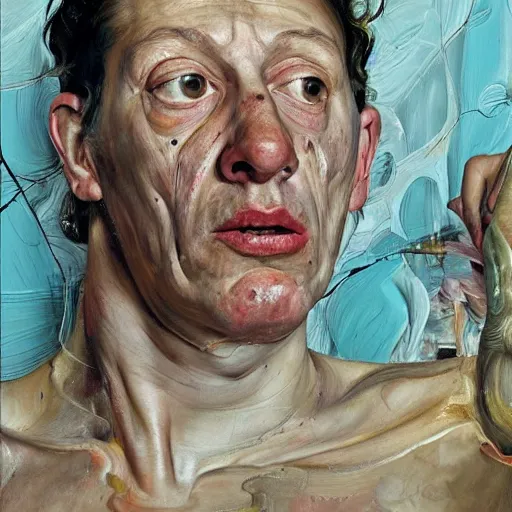 Image similar to high quality high detail painting by lucian freud and jenny saville, hd, hyper diemensional, turquoise