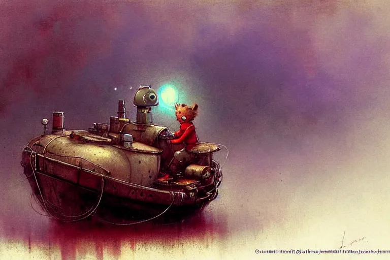 Image similar to adventurer ( ( ( ( ( 1 9 5 0 s retro future robot android mouse large house boa rvt tug boat calm stream. muted colors. ) ) ) ) ) by jean baptiste monge!!!!!!!!!!!!!!!!!!!!!!!!! chrome red