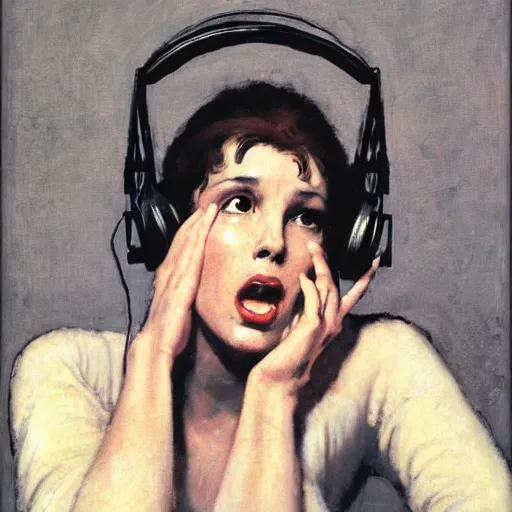 Prompt: Portrait of a woman with headphones that is shocked at what she's hearing, by Robert McGinnis.