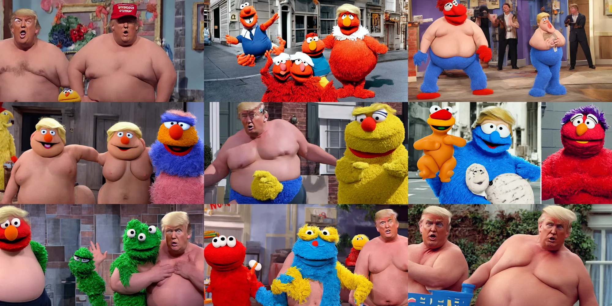 Prompt: shirtless obese donald trump featuring in an sesame street