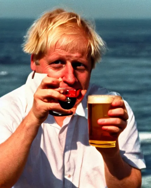 Image similar to film still close - up shot of boris johnson drinking a beer on the beach from the movie monty python's the meaning of life. photographic, photography