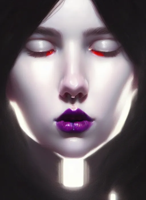 Image similar to portrait of pale teenage girl, red irises, black hair, white bangs, purple lipstick, intricate, elegant, glowing lights, highly detailed, digital painting, artstation, concept art, smooth, sharp focus, illustration, art by wlop, mars ravelo and greg rutkowski