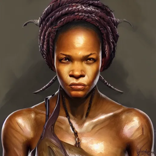 Image similar to beautiful, very strong, african american, female, middle aged, face, no makeup, no tattoos, warrior, battle hardened, head shot, fantasy, highly detailed, digital painting, artstation, concept art, smooth, sharp focus, illustration, art by jodie muir and brom