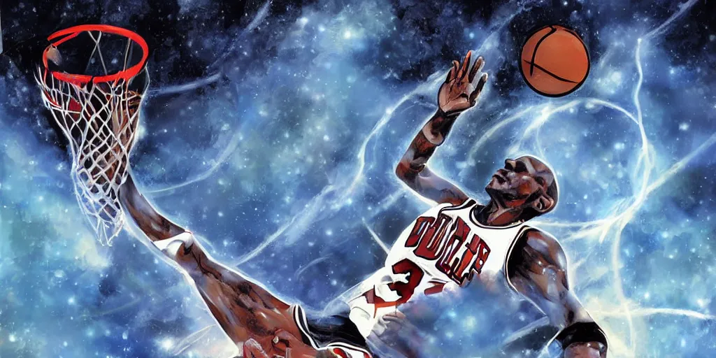 Prompt: digital painting of michael jordan dunking a basketball in space, by vincent di fate and takehiko inoue, highly detailed, science fiction, anime, ghost in the shell color scheme, masterpiece