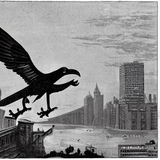 Image similar to a giant crow attacking new york city