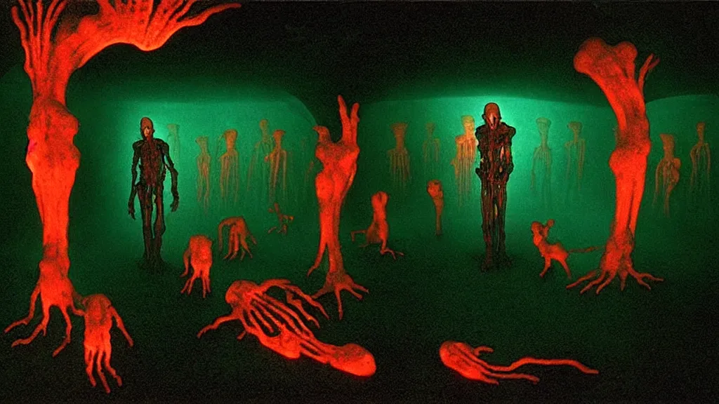 Image similar to the creature in the basement, made of glowing wax! and bone and blood, bioluminescence, surrounded by animals, film still from the movie directed by denis villeneuve and david cronenberg with art direction by salvador dali and zdzisław beksinski, wide lens