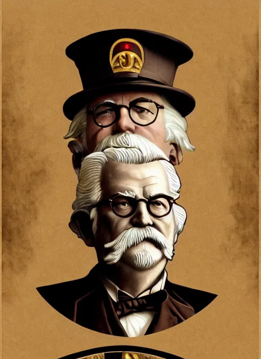 Prompt: close up portrait of colonel sanders - sepia, decorated civil war veteran, union uniform by artgerm, cushart krenz, greg rutkowski, mucha. art nouveau. gloomhaven, golden arches logo, pale colors, sharp edges. ultra clear detailed. 8 k. elegant, intricate, octane render