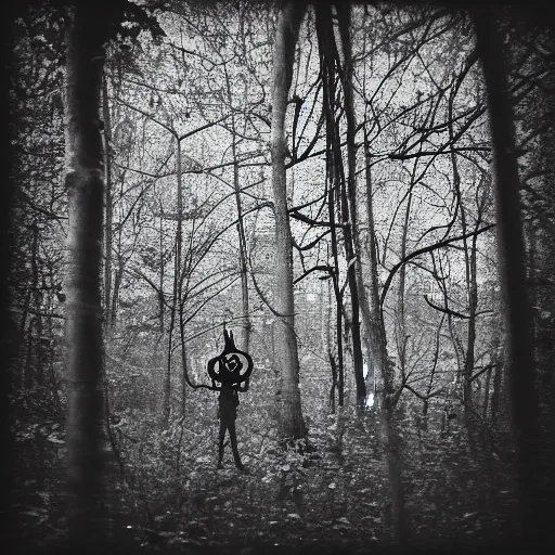 Image similar to grainy surveillance photo still of an alien in the woods at night hiding in the trees of a forest