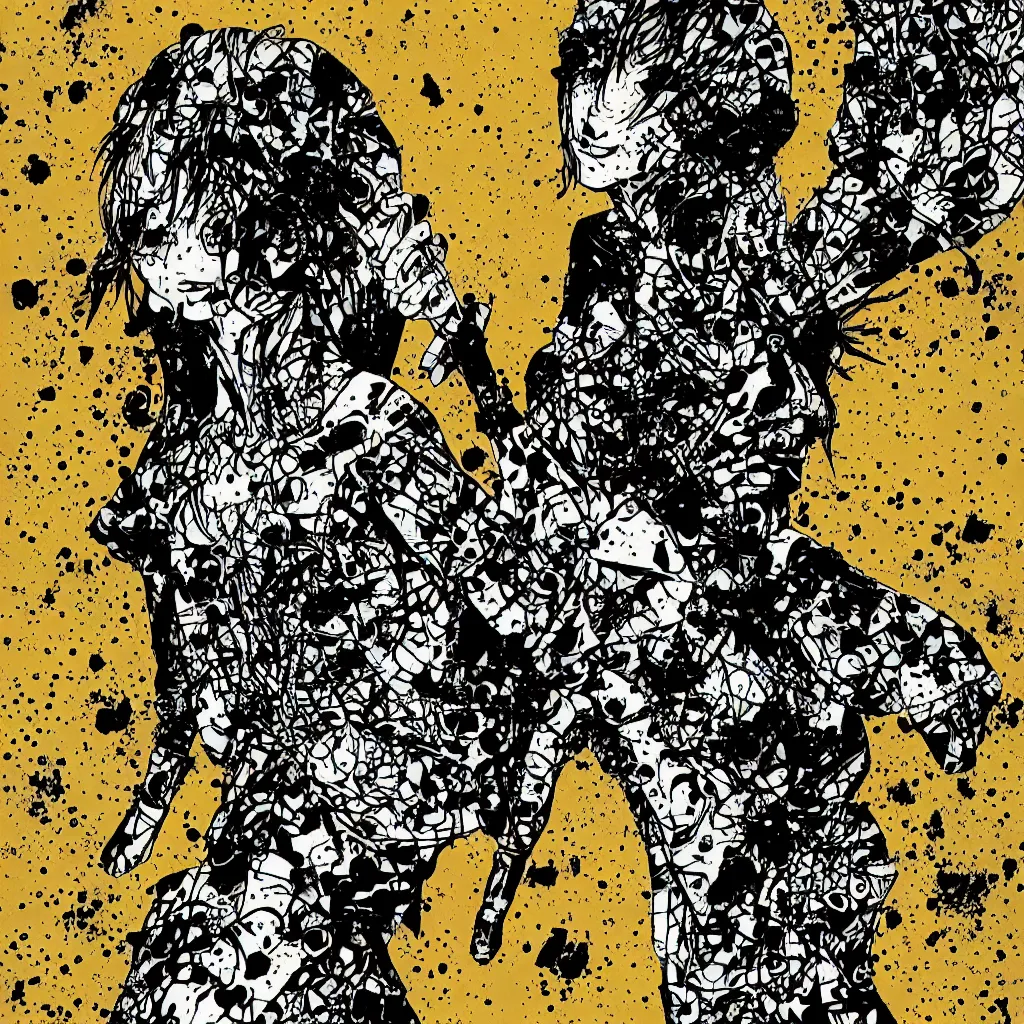 Image similar to girl figure, abstract, jet set radio artwork, ryuta ueda artwork, cryptic, rips, spots, asymmetry, stipple, lines, glitches, color tearing, pitch bending, stripes, dark, ominous, eerie, hearts, minimal, points, otomo katsuhiro artwork, technical, natsumi mukai artwrok, folds