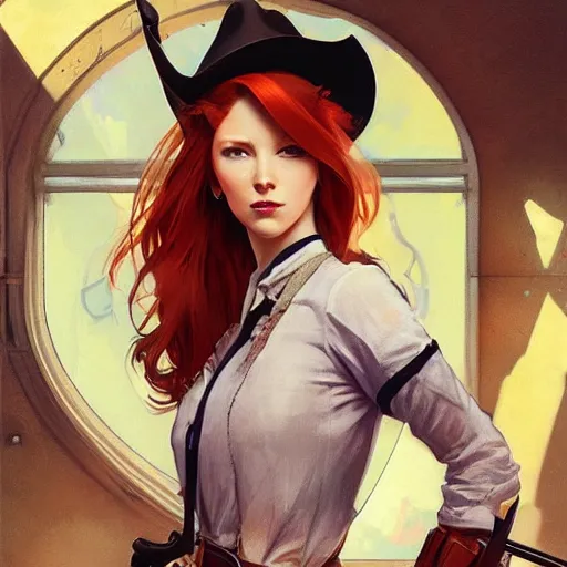 Image similar to a redhead cowgirl holding a revolver, full-body shot, digital painting, smooth, elegant, hd, art by WLOP and Artgerm and Greg Rutkowski and Alphonse Mucha