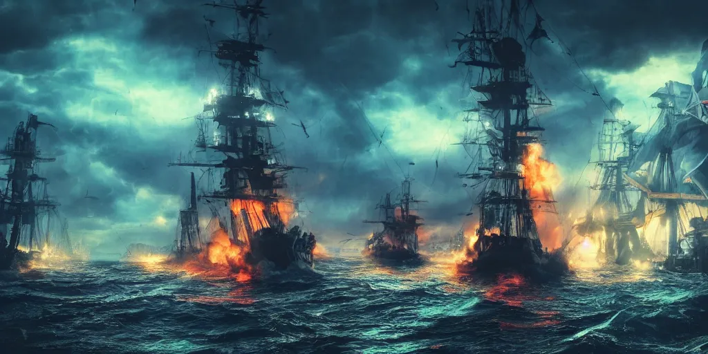 Prompt: pirate ships at war at night with a squid coming out of the water and attacking the ships, people drowning, dramatic clouds, storm, smoke, fire, chaos, photo realistic, 8k, artstation, Blade runner, neon signs in the distance, dark, cinematic, high contrast, epic