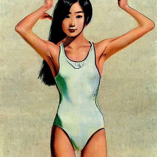 Prompt: a young gorgeous Chinese woman wearing sport racing competitive one piece swimsuit leotard, worksafe, by H.R. Giger