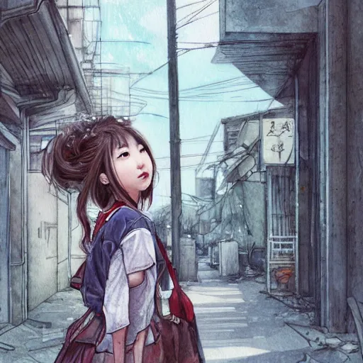 Prompt: a perfect, realistic professional digital sketch of a Japanese schoolgirl posing in a postapocalyptic alleyway, style of Marvel, full length, by pen and watercolor, by a professional American senior artist on ArtStation, a high-quality hollywood-style sketch, on high-quality paper