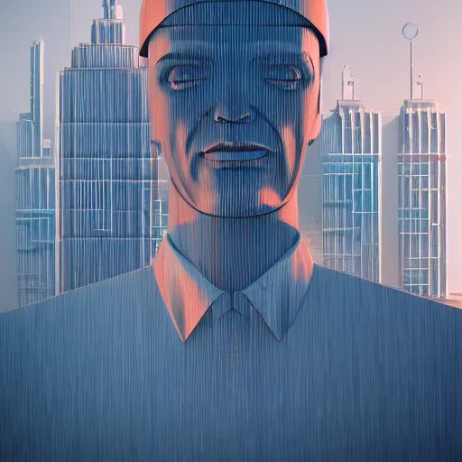 Image similar to the face of a disgruntled man, made of buildings and infrastructure, by beeple and vincent di fate, trending on artstation