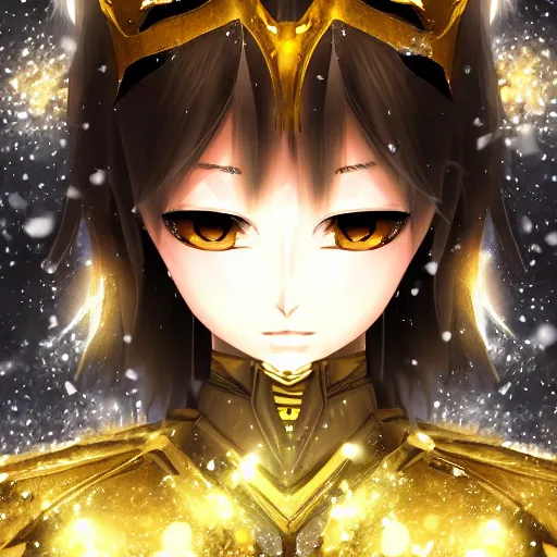 Image similar to focus face portrait of beautiful darkness knight 3D anime girl, golden Armor wearing, dark forest background, snowing, bokeh, inspired by Masami Kurumada, digital painting, high contrast, unreal engine render, volumetric lighting, high détail