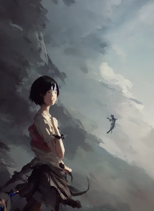 Image similar to a young japanese woman with very short hair looking to the skies, cinematic lighting, dramatic atmosphere, artwork by dustin nguyen, akihiko yoshida, greg tocchini, greg rutkowski, cliff chiang, 4 k resolution, trending on artstation,