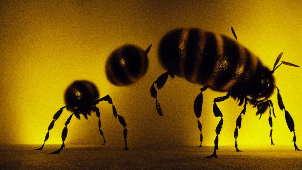 Prompt: the giant bumblebee in the living room, made of glowing wax, film still from the movie directed by denis villeneuve with art direction by zdzisław beksinski, wide lens