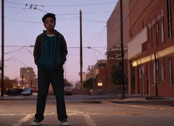 Image similar to First Official image from Cardboard, new drama film directed by Spike Jonze starring Tony Revolori as a Philadelphia b-boy in 1990 in the streets at night, shot on Kodak Vision 200T, stunning cinematography, light diffusion, film grain, 8k print, anamorphic lens.