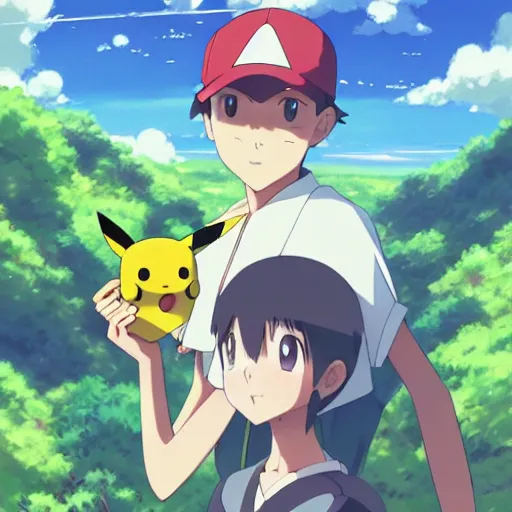 Prompt: a pokemon go card from 1 9 5 0, illustration, clear sky background, lush landscape, concept art, anime key visual, trending pixiv fanbox, by wlop and greg rutkowski and makoto shinkai and studio ghibli and kyoto animation, symmetrical facial features, rock pokemon trainer