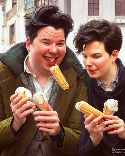 Image similar to Portrait of a  Anya Amasova and Michael mcintyre eating ice creams in Porto,real life skin, intricate, elegant, highly detailed, artstation, concept art, smooth, sharp focus, art by artgerm and greg rutkowski and alphonse mucha