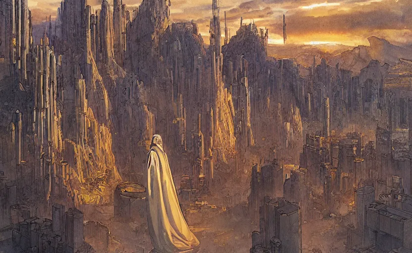Prompt: a hyperrealist watercolor concept art of a sci - fi futurist metropolis in arizona. a medieval monk in grey robes is in the foreground. golden hour. very muted colors, by rebecca guay, michael kaluta, charles vess. high detail, hq, wide shot, 4 k