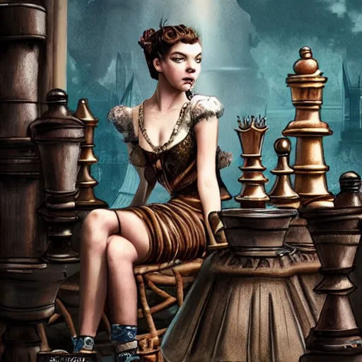 Image similar to anya taylor - joy playing chess, steampunk, high detail, digital art