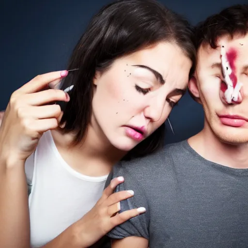 Prompt: Stock photo of a woman terrorizing her boyfriend to pop his pimples, photoshoot, realistic