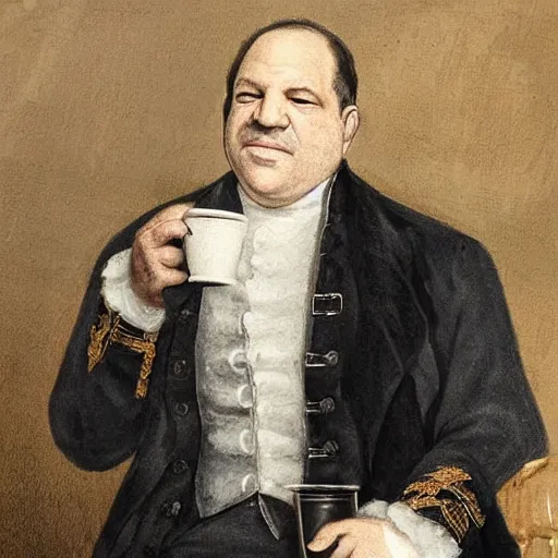 Prompt: Harvey Weinstein in 18th century British officer\'s outfit, drinking coffee