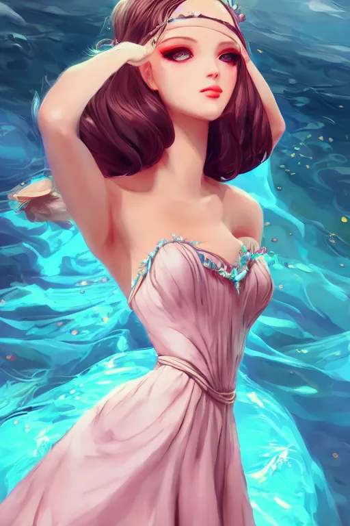 Image similar to a beautiful fashion goddness of love, chic strapless dress, tropical sea background, character design, in the style of artgerm, and wlop, cinematic lighting, hyperdetailed, 8 k realistic, symmetrical, global illumination, radiant light, frostbite 3 engine, cryengine, dof, trending on artstation, digital art