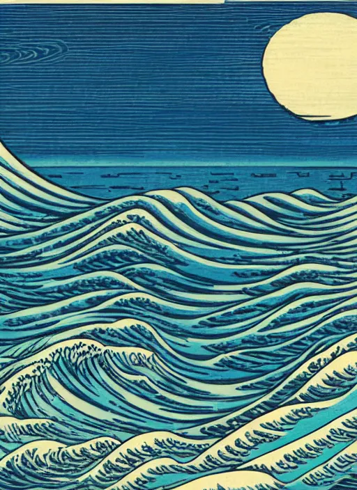 Image similar to a painting of waves in the ocean with mountains in the background, a woodcut by utagawa hiroshige ii, pixiv, ukiyo - e, ukiyo - e, vaporwave, woodcut