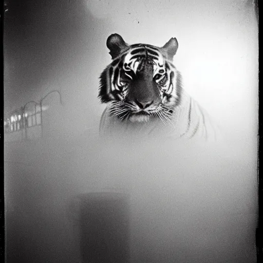 Image similar to retro photograph of a tiger smoking a cigarette in Dhaka at night, foggy