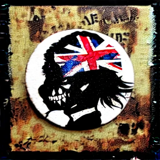 Image similar to painting on a badge!!!!, punks not dead!!!!, exploited!!, clash, junk yard, rats!!, god save the queen!!!, punk rock album cover art style, grunge, no future!!!!, glitch effect