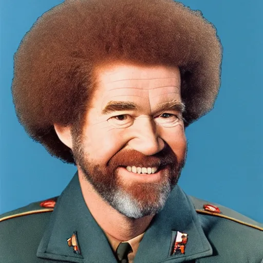 Image similar to Bob Ross in a room with 1950s soviet generals, 50s movie still close-up portrait by Irving Penn, Cinestill 800t 50mm eastmancolor, heavy grainy picture, very detailed, high quality, 4k, HD criterion, precise texture, facial precision, diverse haircuts, diverse ages, different expression