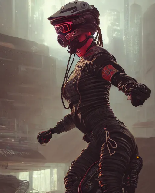 Prompt: girl wearing cyberpunk intricate streetwear riding dirt bike, respirator, detailed portrait, cell shaded, 4 k, concept art, by wlop, ilya kuvshinov, artgerm, krenz cushart, greg rutkowski, pixiv. cinematic dramatic atmosphere, sharp focus, volumetric lighting, cinematic lighting, studio quality