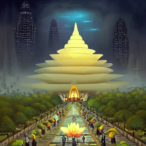 Image similar to street view of gigantic lotus flower temple city at night by cyril rolando and naomi okubo and dan mumford and ricardo bofill