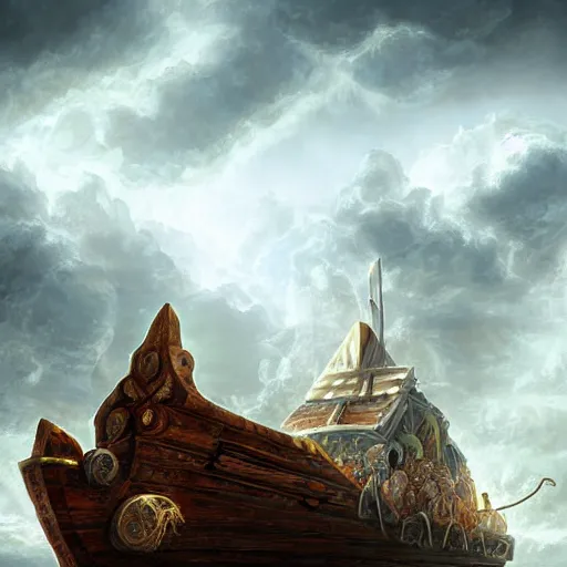 Image similar to noah's ark, centered in picture, epic fantasy, detailed, intricate, digital painting, concept art, realistic, smooth, focus, rim light